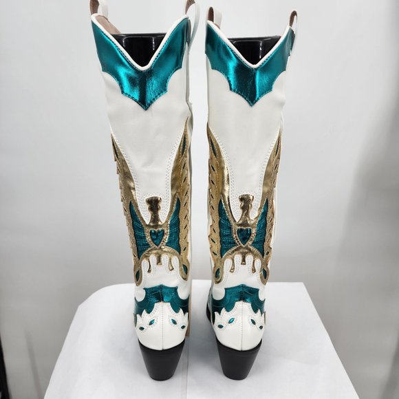 AZALEA WANG Apolline White Tall Cowboy Boots Turquoise & Gold Accents 6-10 NIB - Picture 6 of 12